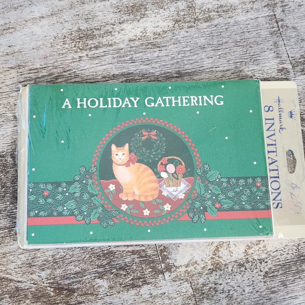 Vtg 90s Hallmark Christmas Party Invitations Tabby Cat Folk Art Project Craft